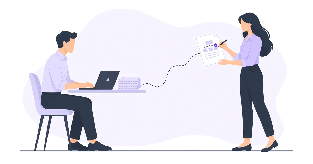 A man works at a laptop beside a stack of drafted pages while a woman reviews one page and marks it with a purple check.