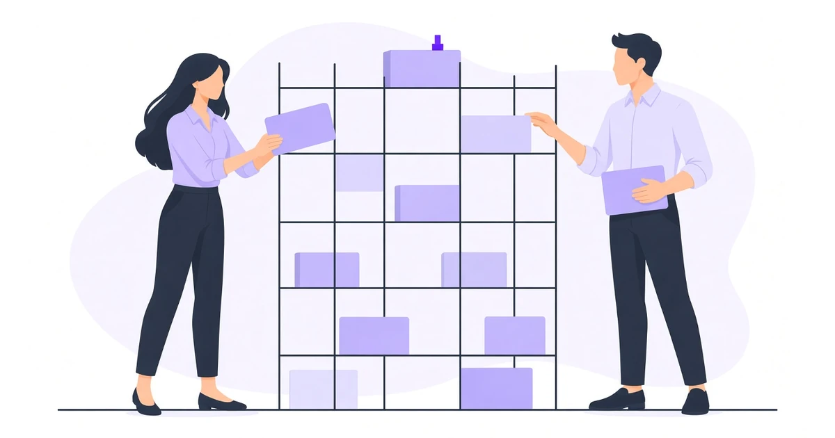 A woman and a man place lavender blocks into an open charcoal frame, with a small purple marker on the top block.