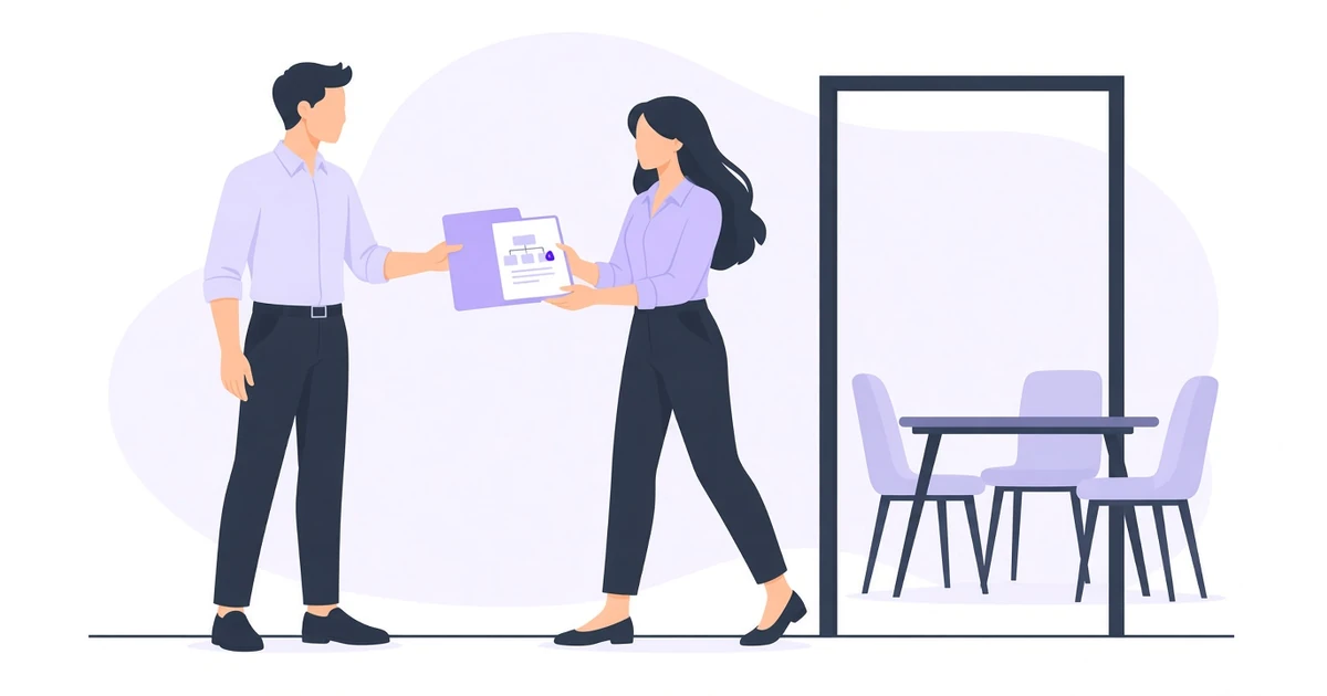 A man hands a woman a folder holding a one-page diagram as she heads toward an empty meeting room.