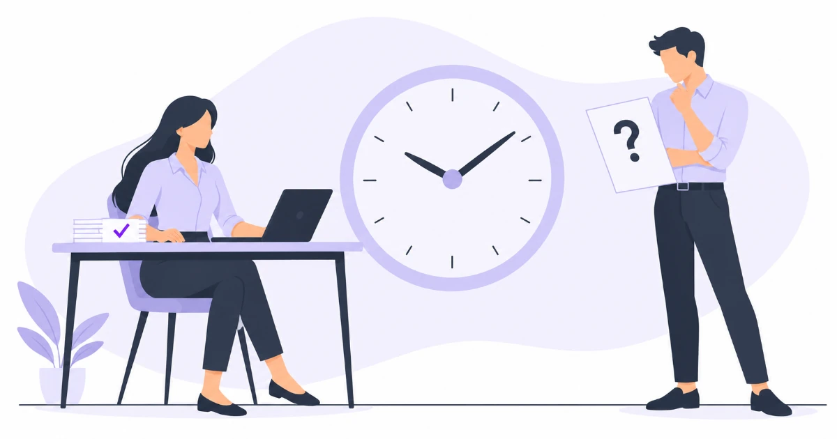 A woman works at a desk beside a lavender clock while a man considers a report marked with a question mark.