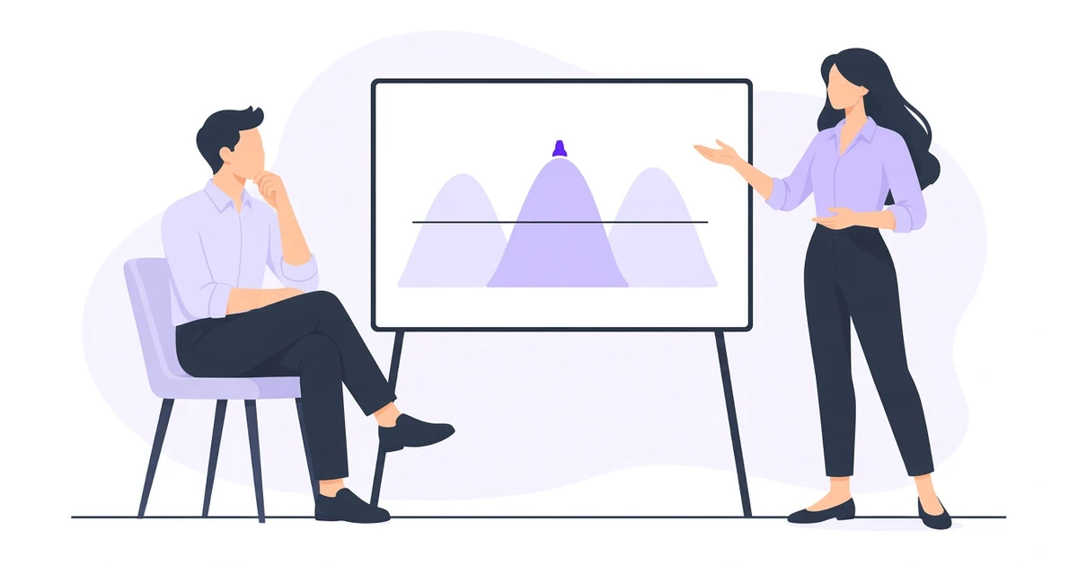 A woman presents three overlapping lavender peaks on one line, the middle one tipped in purple, while a seated man considers them.