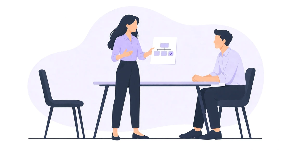 A woman holds up a one-page diagram and explains it to a seated colleague, with one empty chair at the table.