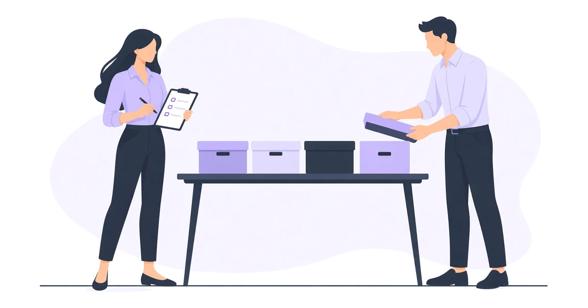 A woman checks items off a clipboard while a man lifts the lid from one of four boxes lined up on a table.