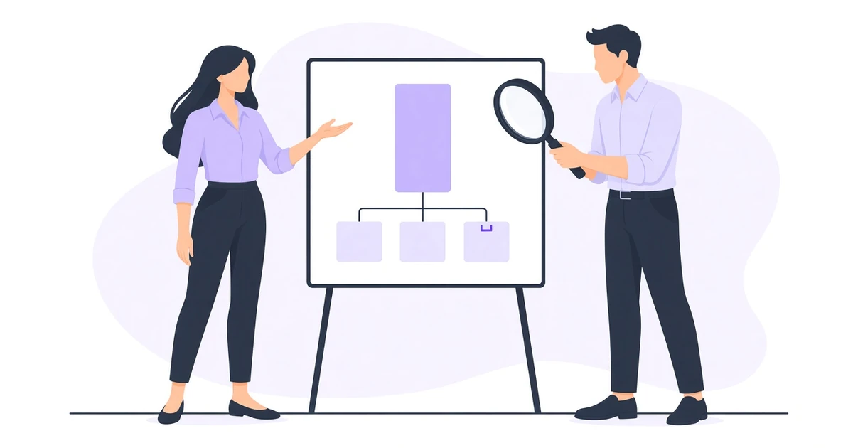A woman presents a board where one tall block branches into three smaller ones while a man inspects it through a magnifying glass.